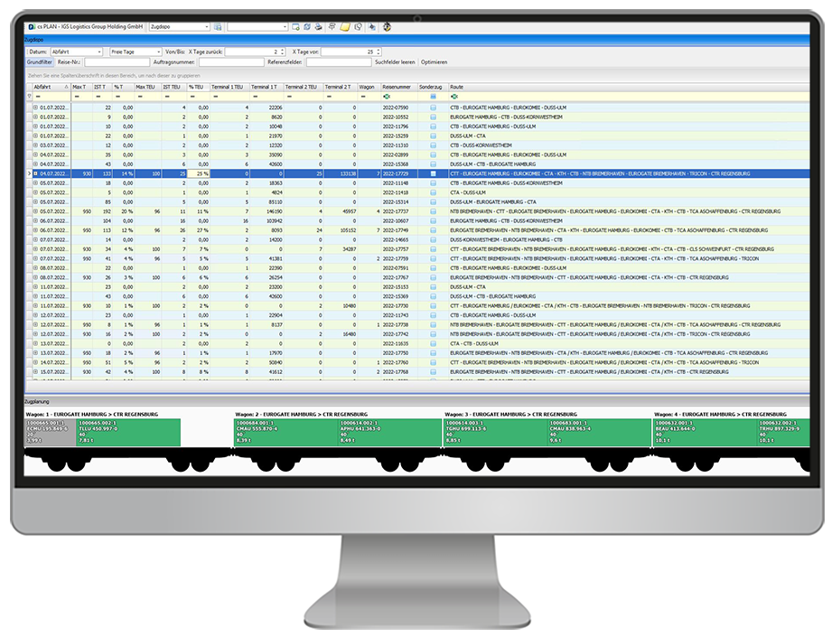 Bildschirm mit Speditionssoftware für die Zugplanung im kombinierten Verkehr