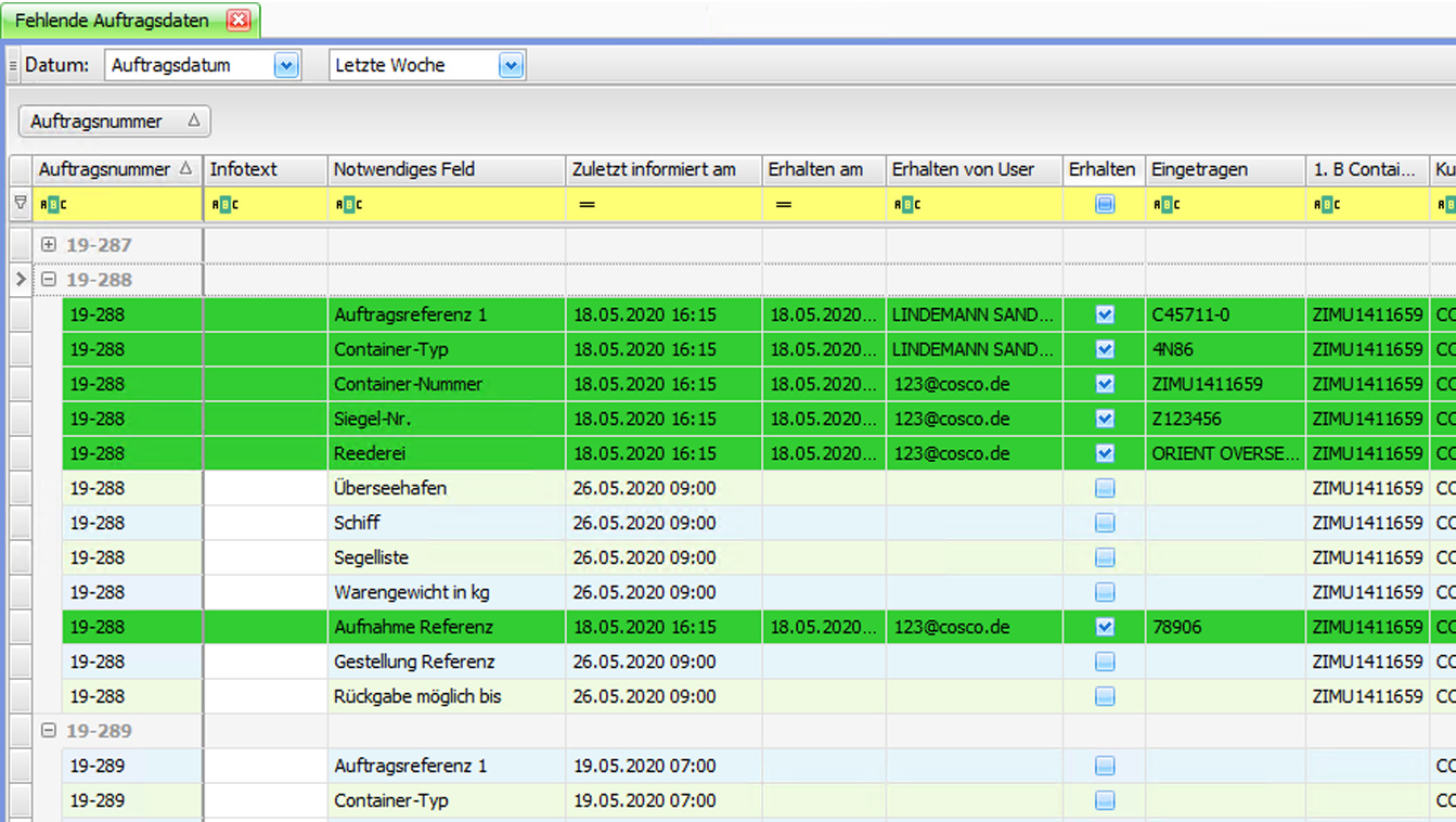 Bildschirmansicht der Speditionssoftware und Logistiksoftware mit der Funktion Auftragsdaten ergänzen