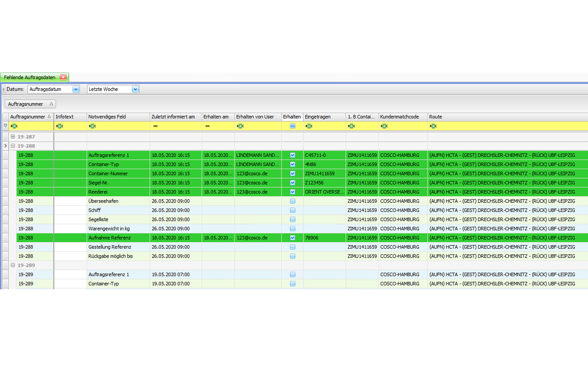 Das Auftragsdatenmanagement von cs connect unterstützt die zügige Abfertigung am Containerterminal. Aufträge mit kompletten Daten sind grün gekennzeichnet. Das Auftragsdatenmanagement von cs connect