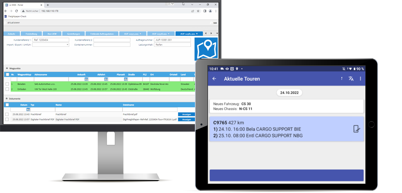 Bildschirm mit einer Ansicht des Webportales der Logistiksoftware von cargo support