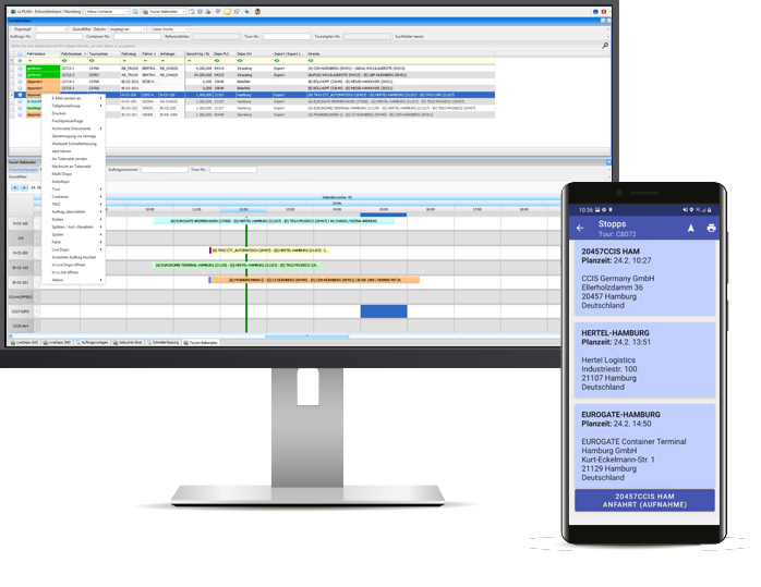 Ansicht eines Bildschirm von der Logistiksoftware von cargo support und der Faher-App