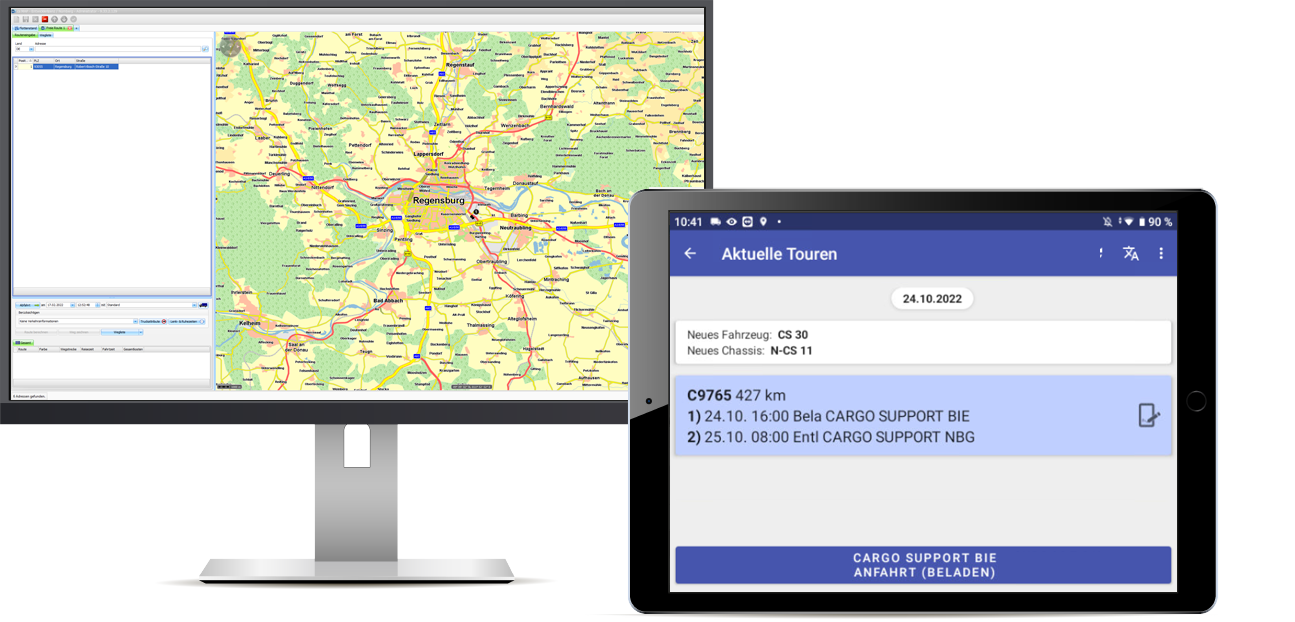 Bildschirm mit Routenplanung und Tablet mit der Fahrer-App.